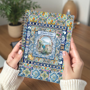 sommerliche italienische floralblaue Kacheln Zitru Notizbuch