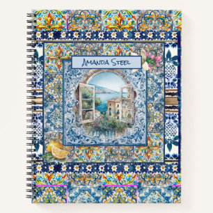 sommerliche italienische floralblaue Kacheln Zitru Notizbuch