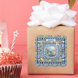 sommerliche italienische floralblaue Kacheln Zitru Quadratischer Aufkleber