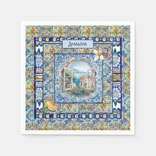 sommerliche italienische floralblaue Kacheln Zitru Serviette (Vorderseite)
