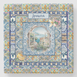 sommerliche italienische floralblaue Kacheln Zitru Steinuntersetzer