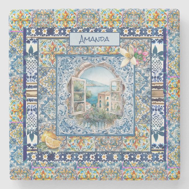 sommerliche italienische floralblaue Kacheln Zitru Steinuntersetzer (Vorderseite)