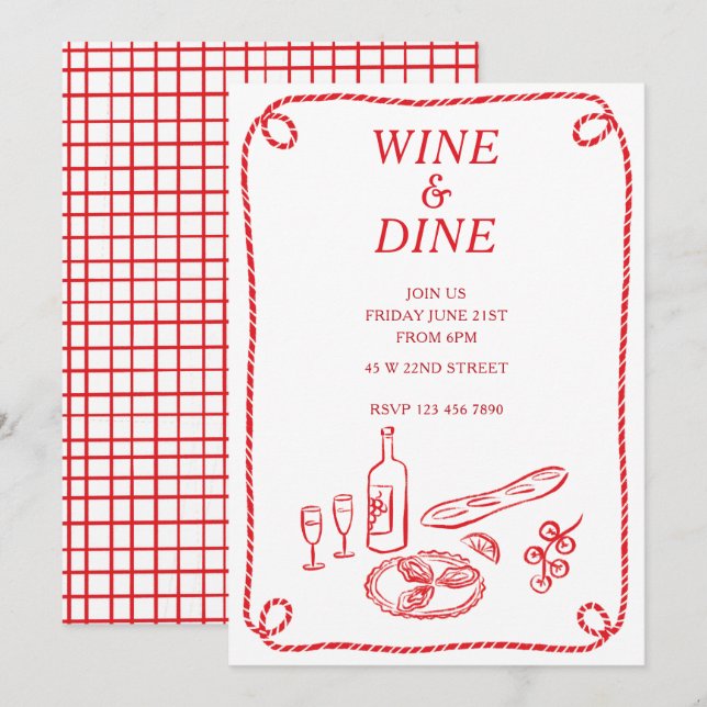 Sommerliche Party Einladung Wein und Dine (Vorne/Hinten)