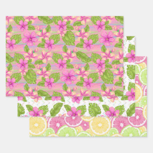 Sommerliche rosa tropische Blumen Zitronen Limette Geschenkpapier Set