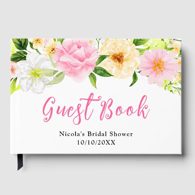 Sommerliche rosa und gelbe Blumen Brautparty Gästebuch (Vorderseite)