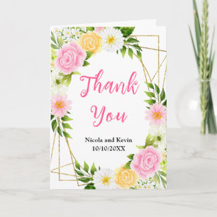 Sommerliche rosa und gelbe Blumen und Blätter Dankeskarte