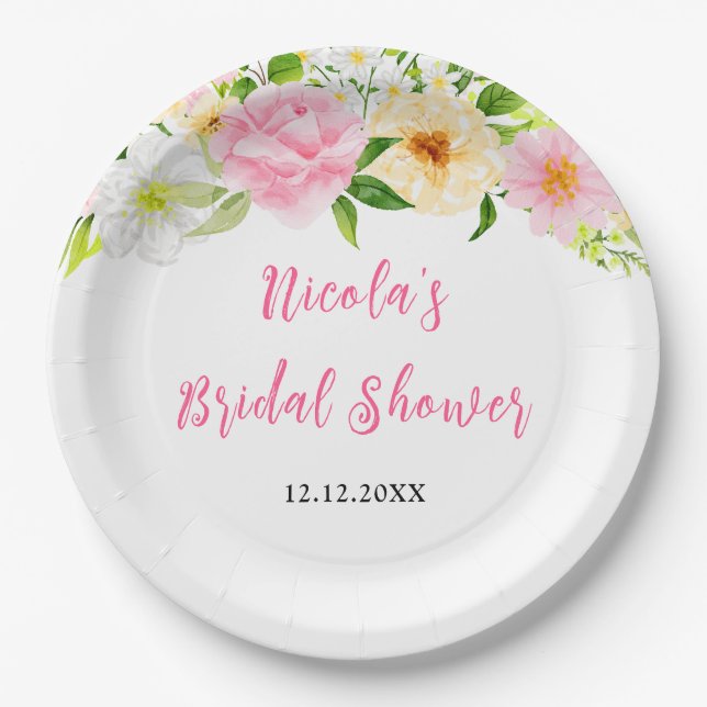 Sommerliche rosa und gelbe florale Bridal Shower Pappteller (Vorderseite)