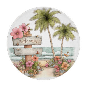 SOMMERLICHE STRANDSZENE MIT BLUMEN UND PALMEN SCHNEIDEBRETT