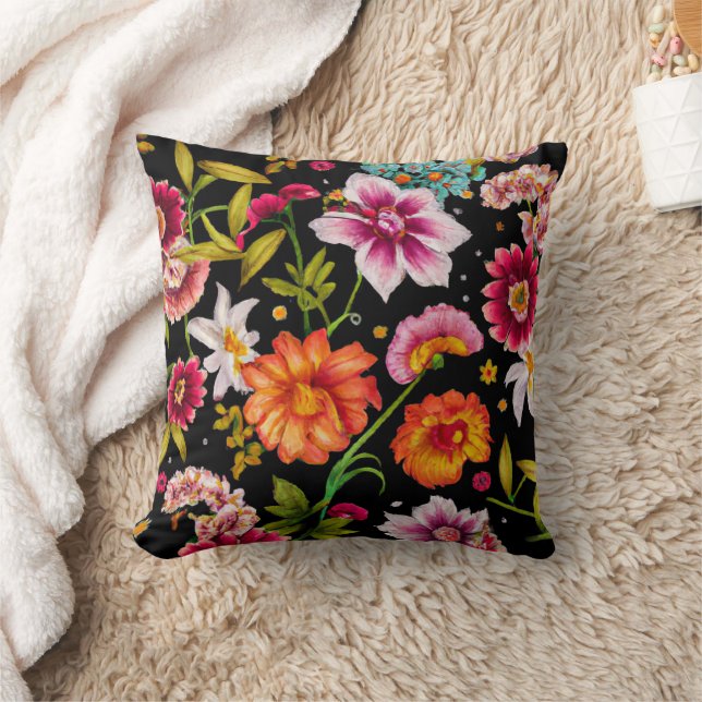 Sommerliche Wildblume Blumenstrauß Schwarzes Kisse Kissen (Decke)