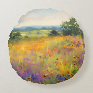Sommerliche Wildblume Tal Landschaft Blumen Kunst Rundes Kissen