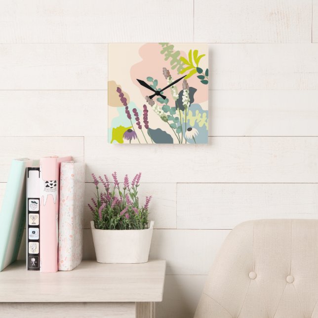 Sommerliche Wildblumen Abstrakte Pastelle Quadratische Wanduhr (Lesesaal)