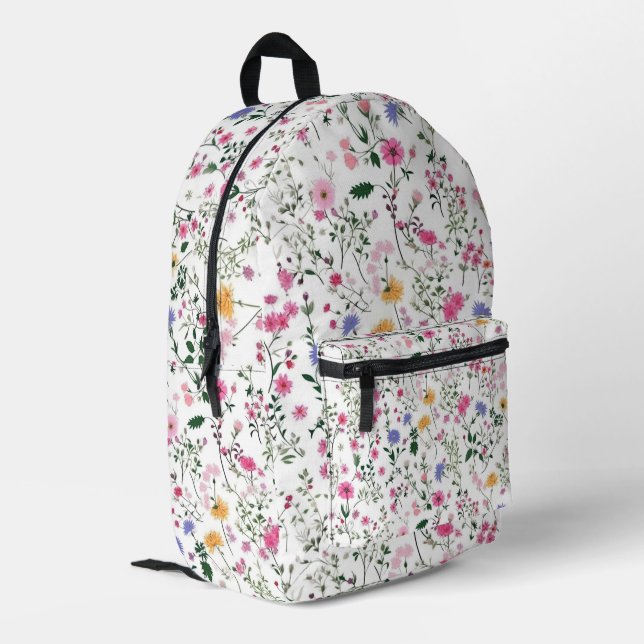 Sommerliche Wildblumen auf Weiß Bedruckter Rucksack (Rückseitige Ecke links)