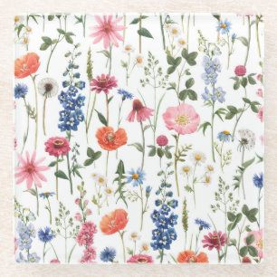 Sommerliche Wildblumen, wasserfarbenes nahtloses M Glasuntersetzer