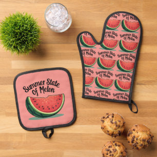 Sommerlicher Melonen-Retro-Fruchtkunstwerk Ofenhandschuh & Topflappen-Set
