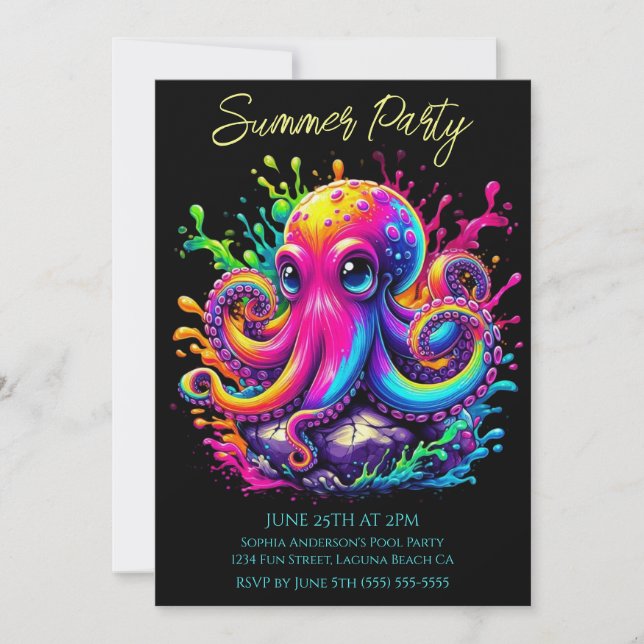 Sommerliches Party - farbenfrohe Oktopuspause Einl Einladung (Vorderseite)