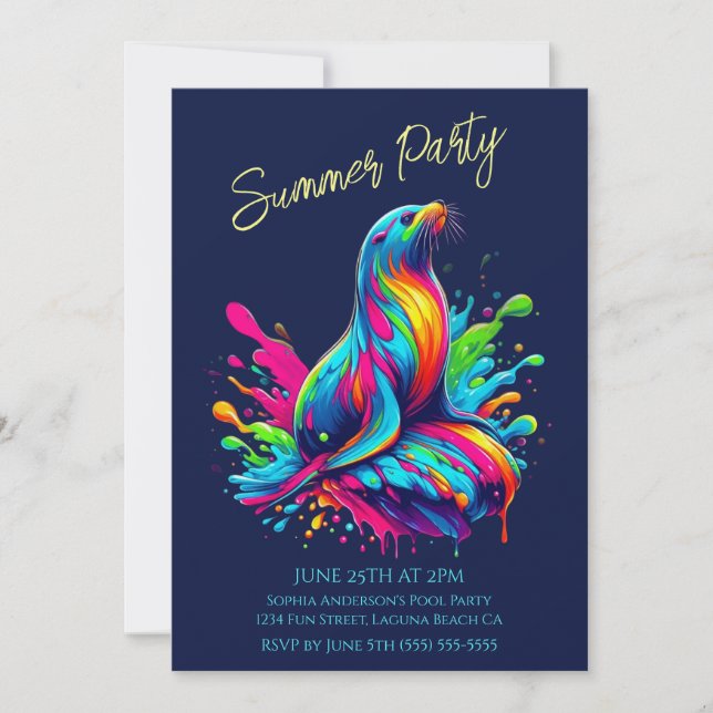 Sommerliches Party - farbenfrohe Seelöwen Einladun Einladung (Vorderseite)