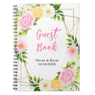 Sommerliches rosa und gelbes florales Hochzeitsgäs Notizblock