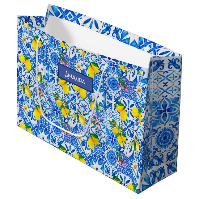 Sommermajolika blau sizilianische Zitrusfrüchte Mi Große Geschenktüte (Vorderseite Schrägansicht)