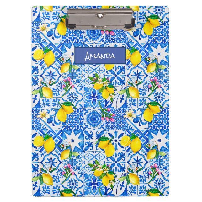 Sommermajolika blau sizilianische Zitrusfrüchte Mi Klemmbrett (Vorderseite)
