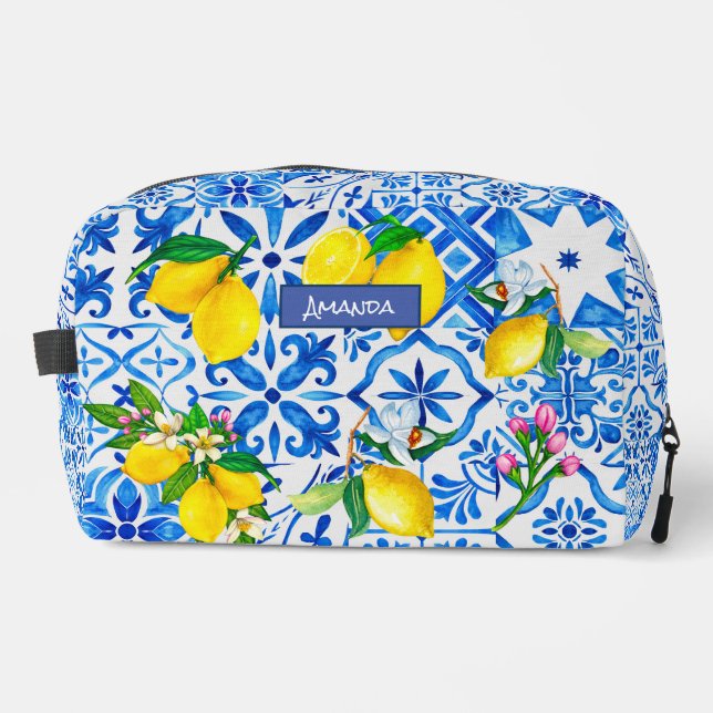 Sommermajolika blau sizilianische Zitrusfrüchte Mi Waschbeutel (Vorderseite)
