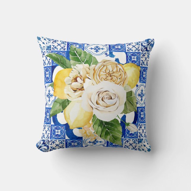 Sommermediterrane Zitronen und Blume Kissen (Vorderseite)