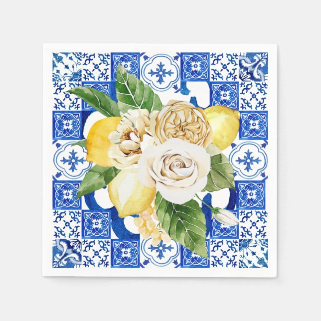 Sommermediterrane Zitronen und Blume Serviette (Vorderseite)