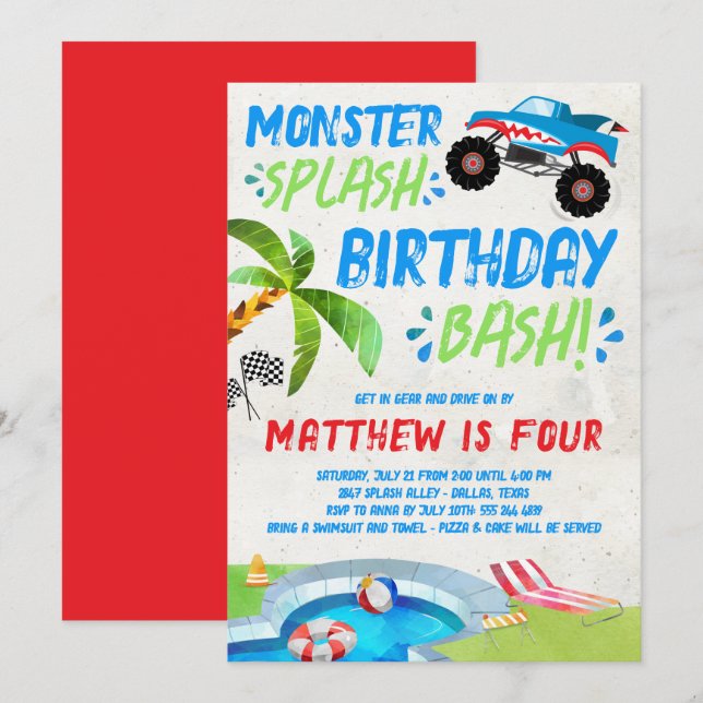 Sommermonster Truck Geburtstagsparty Einladung (Vorne/Hinten)