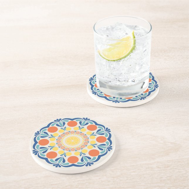 Sommerorangen und Zitronen Dot Mandala Getränkeuntersetzer (Seite)
