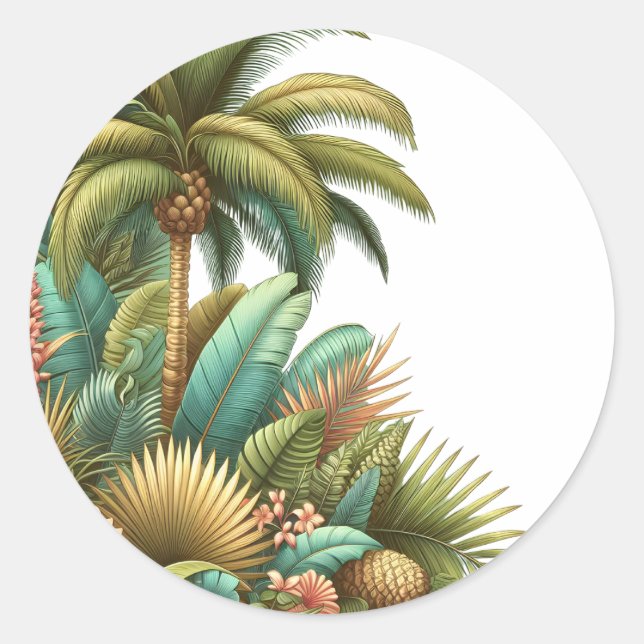 Sommerpalme tropische Bäume und Blätter Runder Aufkleber (Vorderseite)