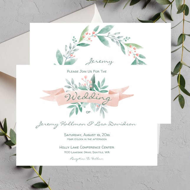 Sommerpink-Hochzeitseinladung Einladung (Summer Soft Pink, Green Wedding Invitation)