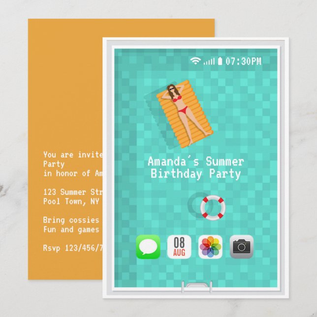 Sommerpool Geburtstagsparty Einladung (Vorne/Hinten)