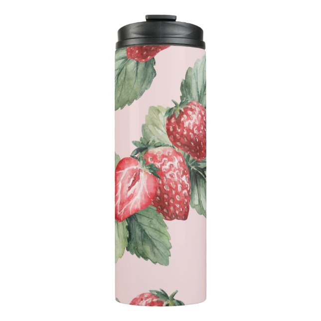 Sommerreife Erdbeeren: Aquarellfarben Rosa Thermosbecher (Vorderseite)