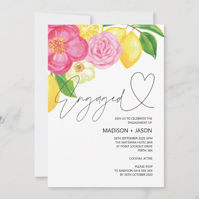 Sommerrosa, florale und lemonische Engagement Part Einladung (Vorderseite)