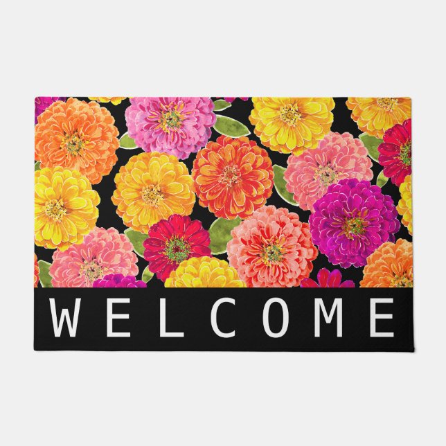 Sommerrosa Gelb Zinnias Flora Willkommen Fußmatte (Vorderseite)