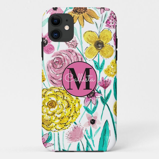 Sommerrosa Gelbe Blumen Wasserfarbenmonogramm Case-Mate iPhone Hülle (Rückseite)