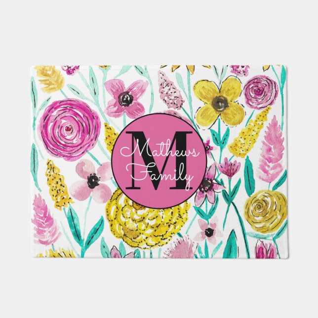 Sommerrosa Gelbe Blumen Wasserfarbenmonogramm Fußmatte (Vorderseite)