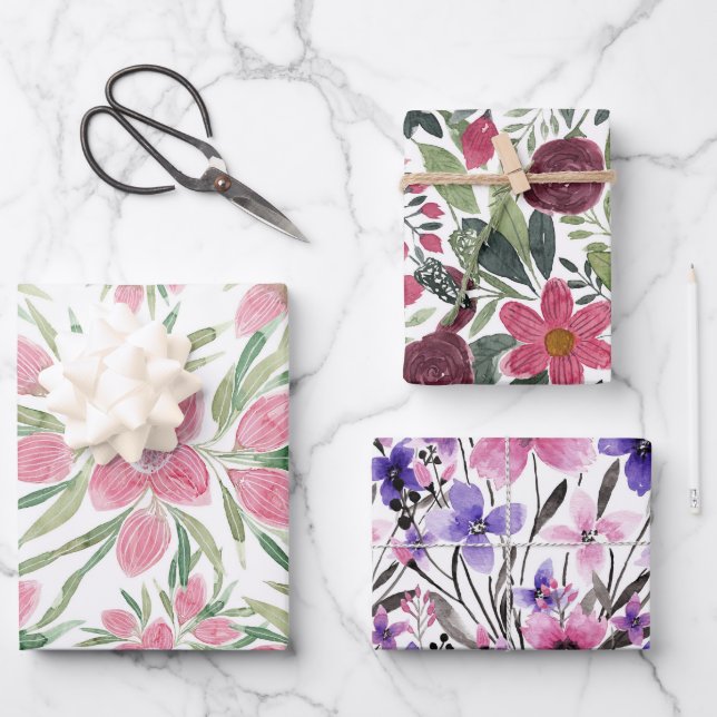 Sommerrosa grüne Wasserfarbe Blühende Blume Geschenkpapier Set (Vorderseite)