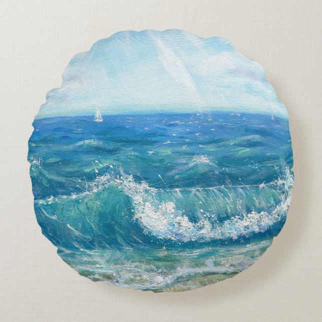 Sommersaison, blaue Wellen, Acrylmalerei. Rundes Kissen (Vorderseite)