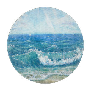 Sommersaison, blaue Wellen, Acrylmalerei. Schneidebrett