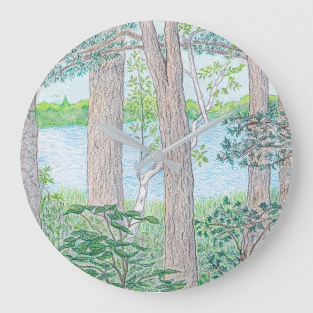 Sommersee mit holzfarbenem Bleistift Zeichnend Große Wanduhr (Vorderseite)