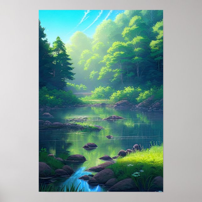 Sommerserenade, Fluss im grünen Wald Poster (Vorne)
