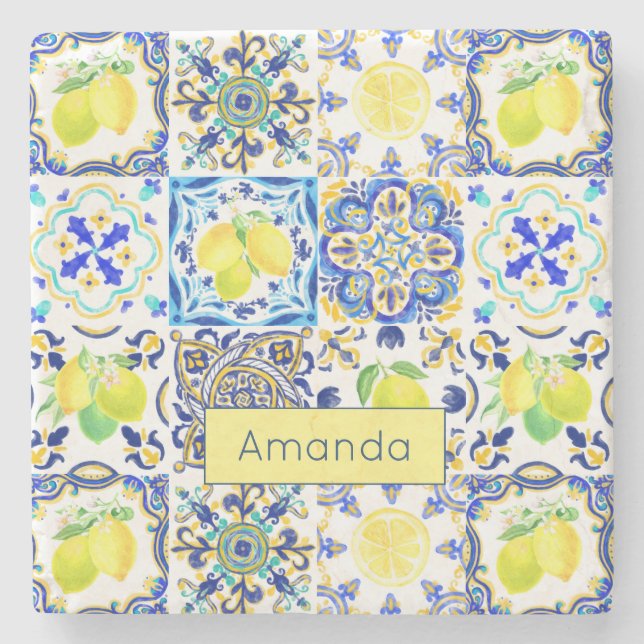 Sommersizilianische Zitrusfrüchte Mittelmeer-Majol Steinuntersetzer (Vorderseite)