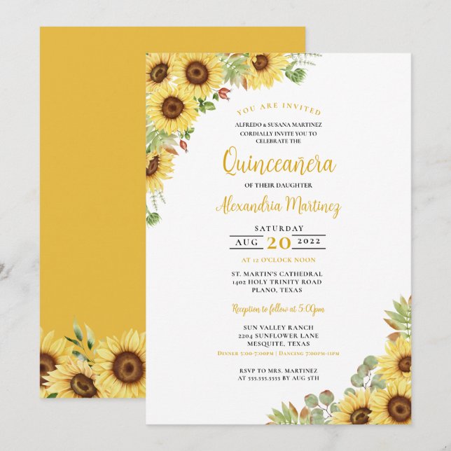 Sommersonnenblume Gelb Weiße Blütenblüte Quinceane Einladung (Vorne/Hinten)