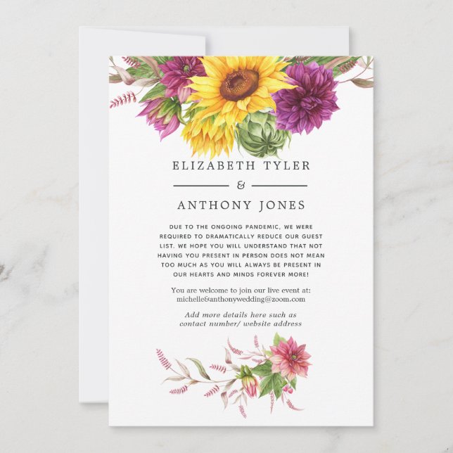 Sommersonnenblume reduzierte Hochzeitgastliste Ankündigung (Vorderseite)