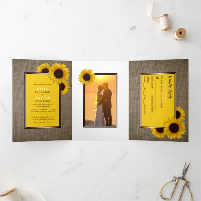 Sommersonnenblumen & Burlap, Hochzeitssuite Dreifach Gefaltete Einladung (Innenseite)