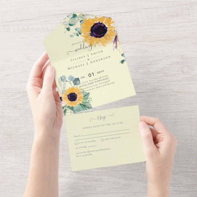 Sommersonnenblumen Eukalyptus Grüne Hochzeit All In One Einladung (Abreißen)