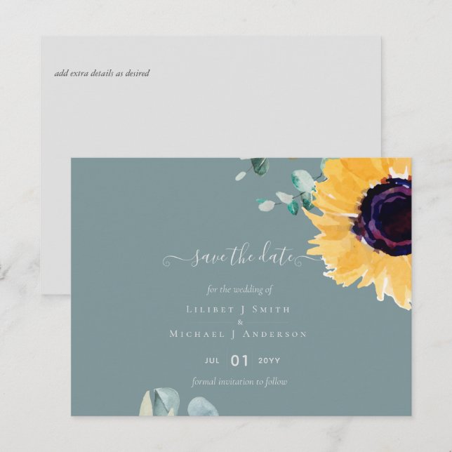 Sommersonnenblumen Eukalyptus Grüne Hochzeit Postkarte (Vorne/Hinten)