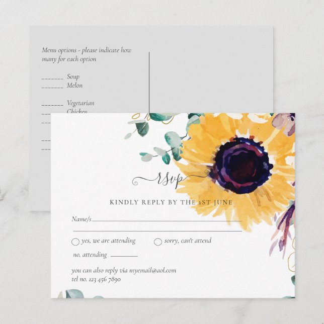 Sommersonnenblumen Eukalyptus Grüne Hochzeit Postkarte (Vorne/Hinten)
