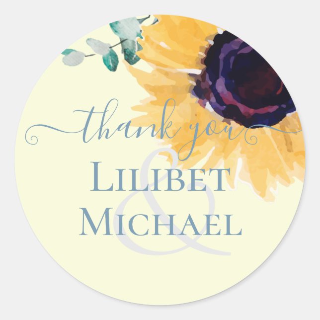 Sommersonnenblumen Eukalyptus Grüne Hochzeit Runder Aufkleber (Vorderseite)