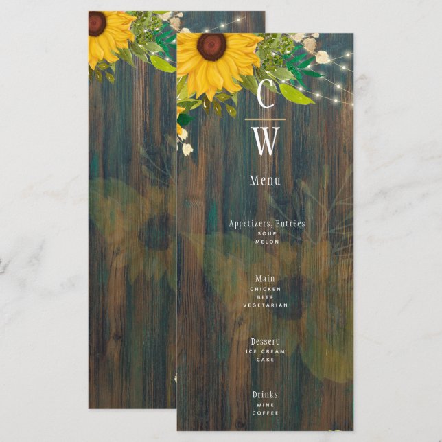 Sommersonnenblumen Rustikale Hochzeit Menükarte (Vorne/Hinten)